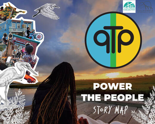 Power the People Story Map, collage of East Oakland over a photo of sunset at the shoreline. Click to open the Story Map